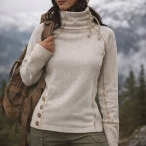 prAna Lucia Mock Neck Wool Sweater Button Oatmeal Fleece S Gorpcore Cozy Cabin